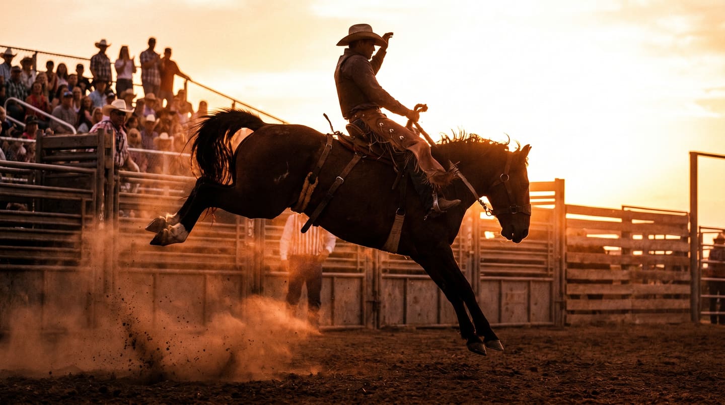 Cheval bronco en action, cowboy en pleine monte