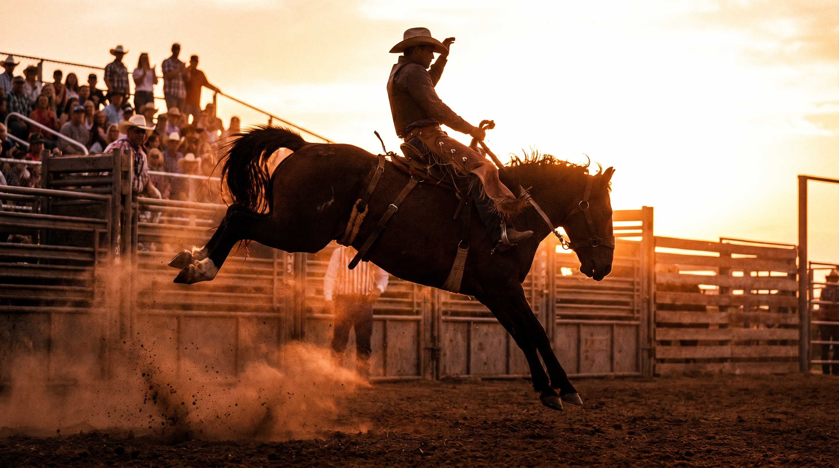 Cheval bronco en action, cowboy en pleine monte
