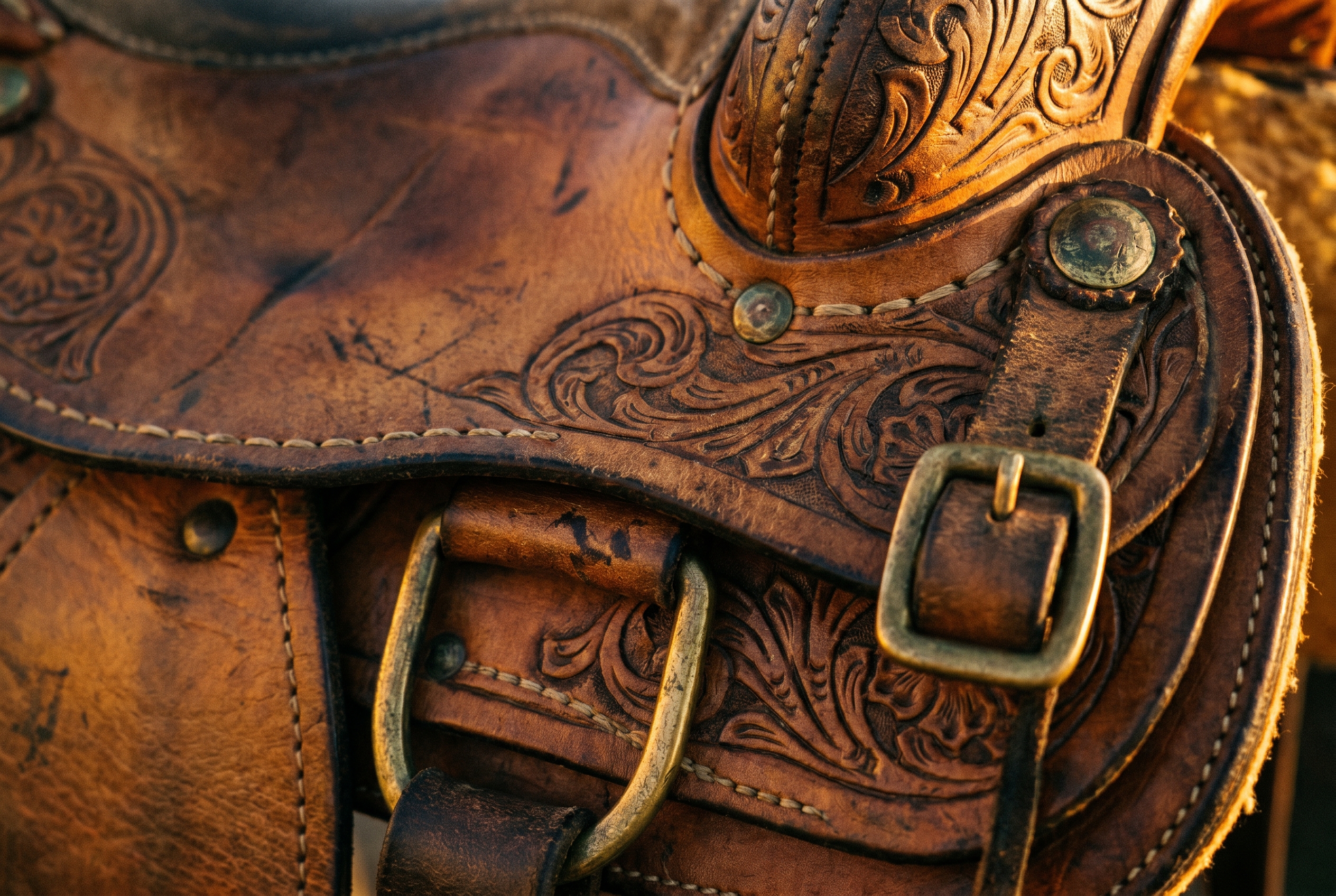 Détail de selle en cuir travaillé
